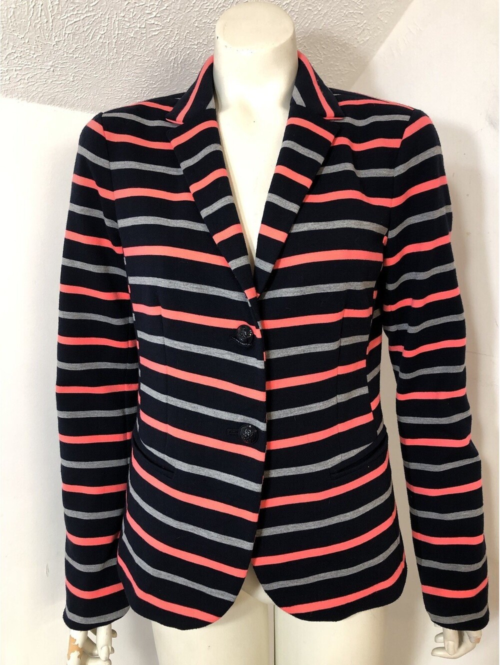 GAP Womens 6 Academy Blazer Navy Pink Grey Striped Heavy Knit Button Front